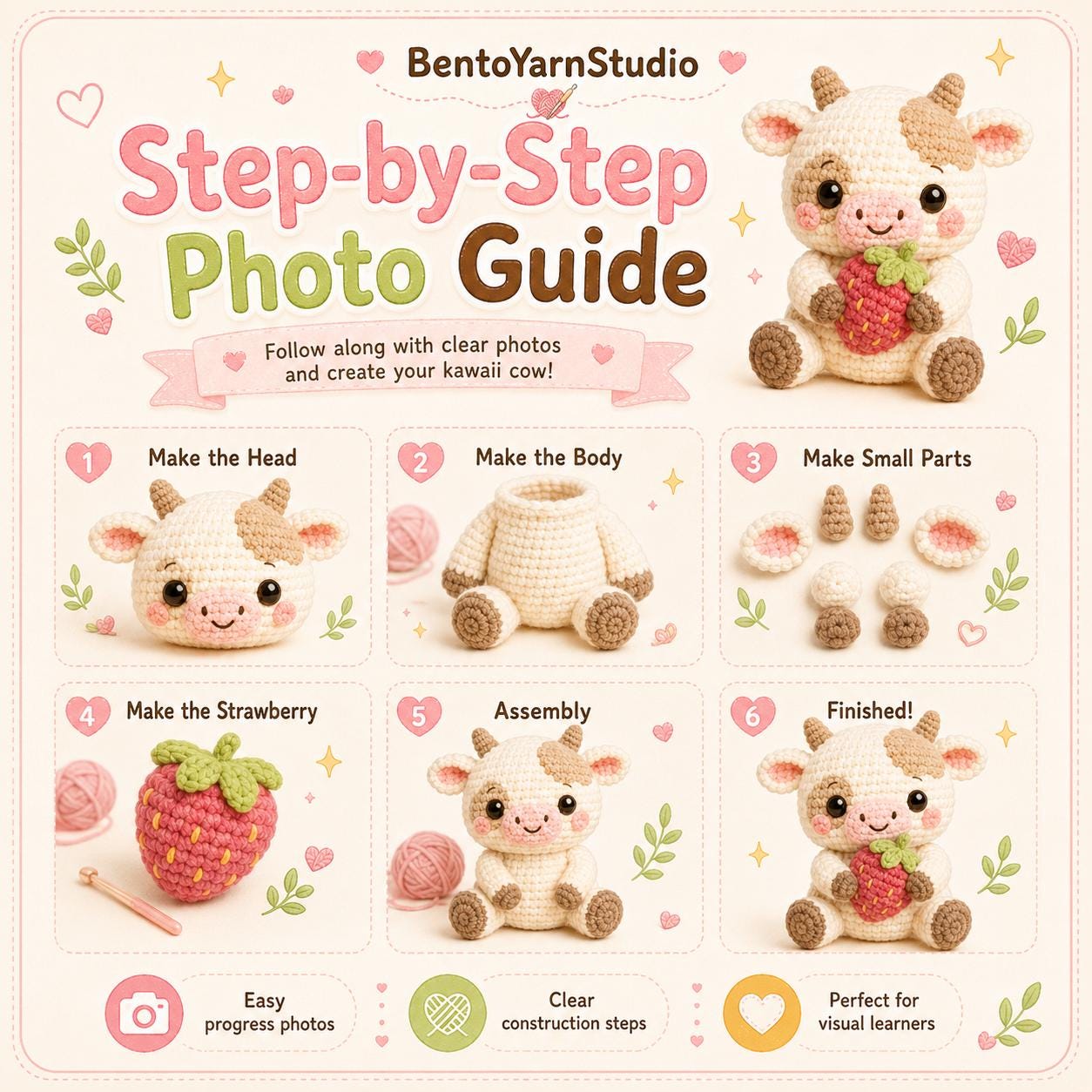 Kawaii Cow Crochet Pattern PDF, Strawberry Cow Amigurumi Pattern, Beginner Friendly Crochet Toy, English PDF