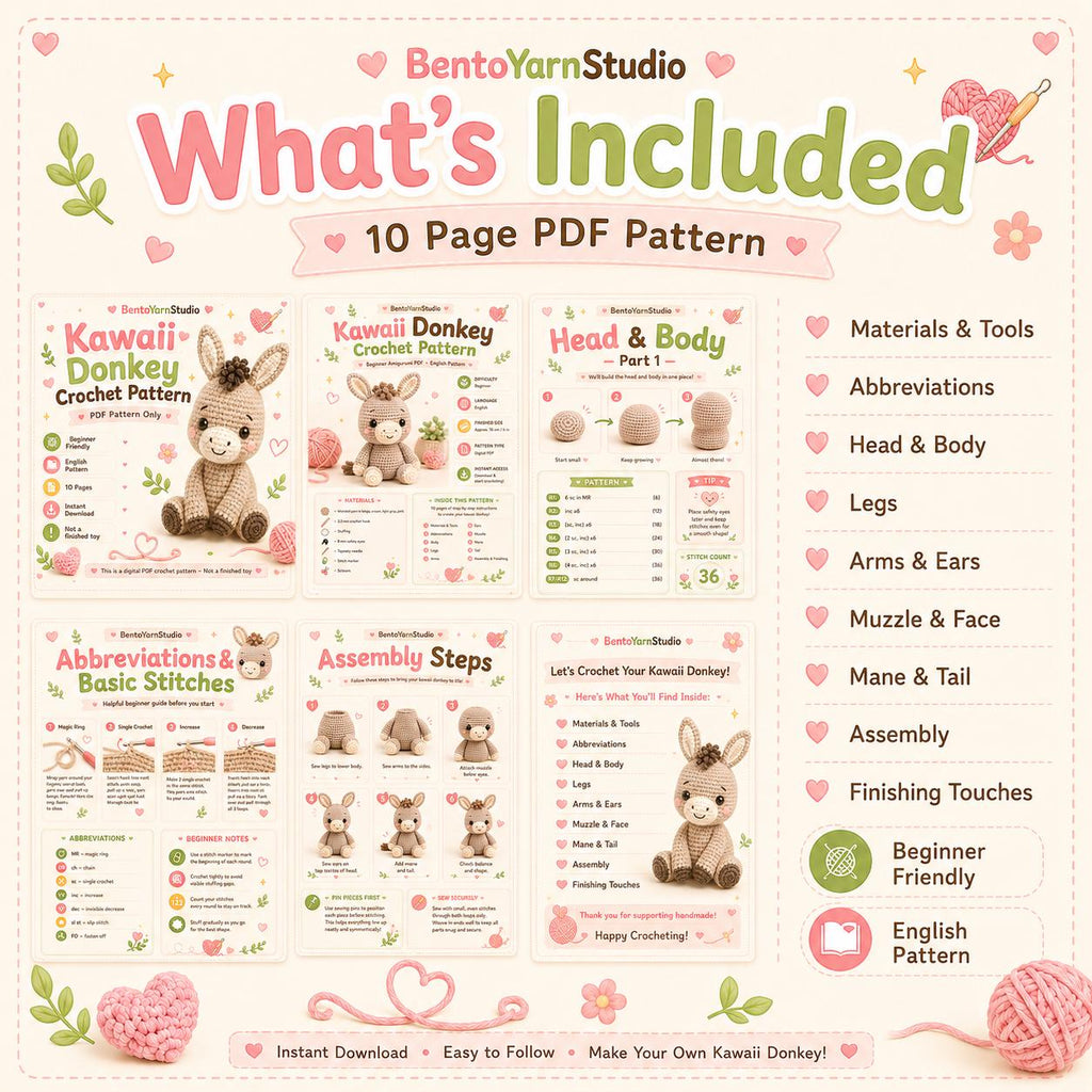 Kawaii Donkey Crochet Pattern PDF, Beginner Amigurumi Donkey Pattern, Cute Crochet Toy Pattern, English Digital Download, 10 Pages