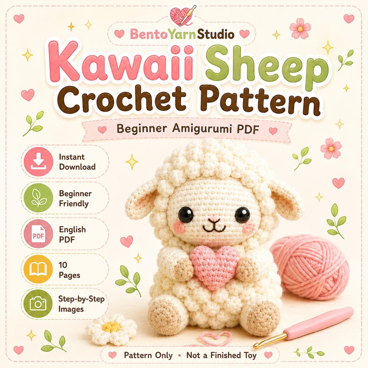 Kawaii Sheep Crochet Pattern PDF, Beginner Amigurumi Lamb Pattern, Cute Plush Sheep Tutorial, English US Terms, Instant Download