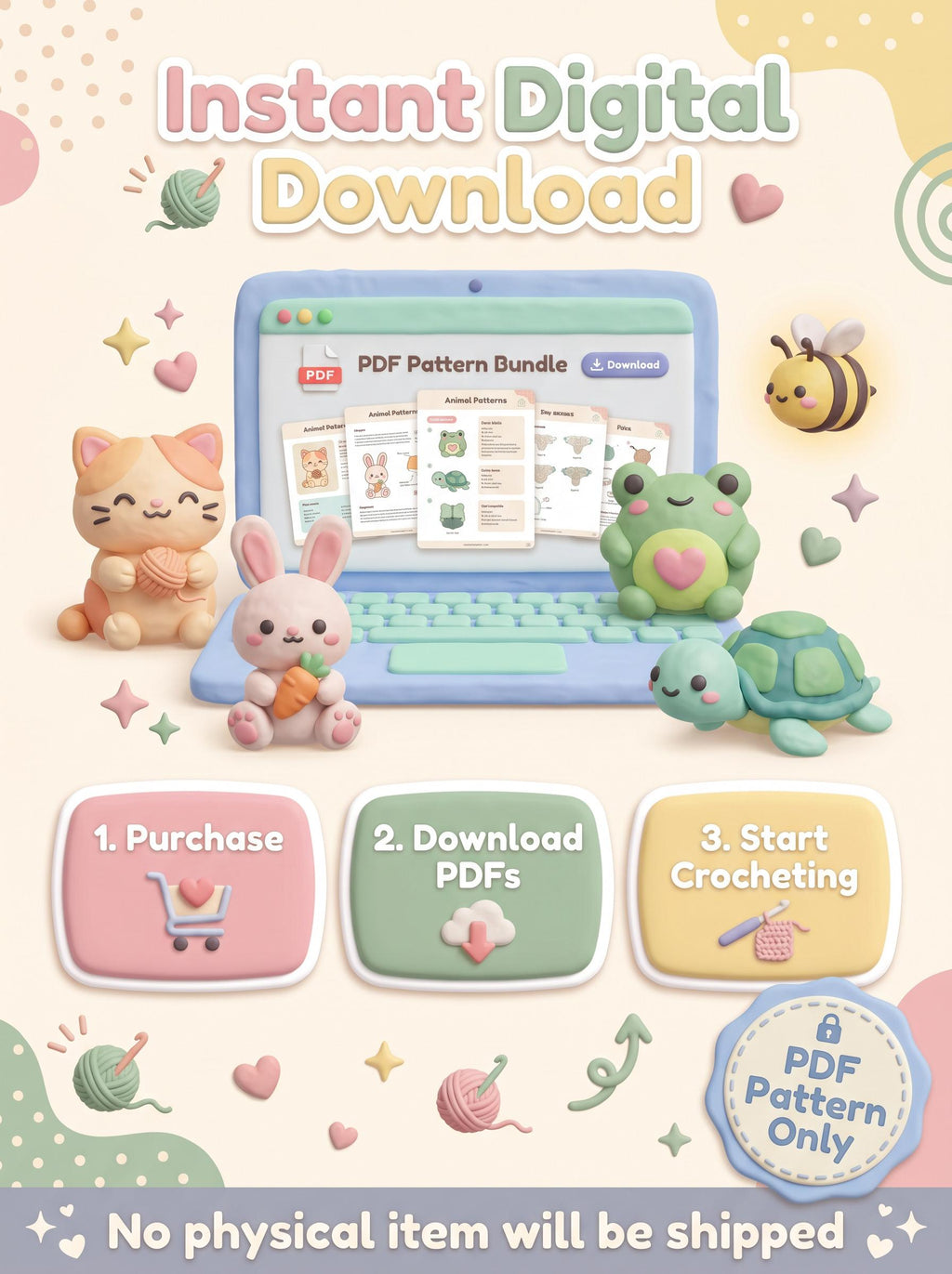 5 in 1 Crochet Pattern Bundle PDF | Kawaii Amigurumi Animals | Cat Bunny Frog Bee Turtle | Beginner Digital Download
