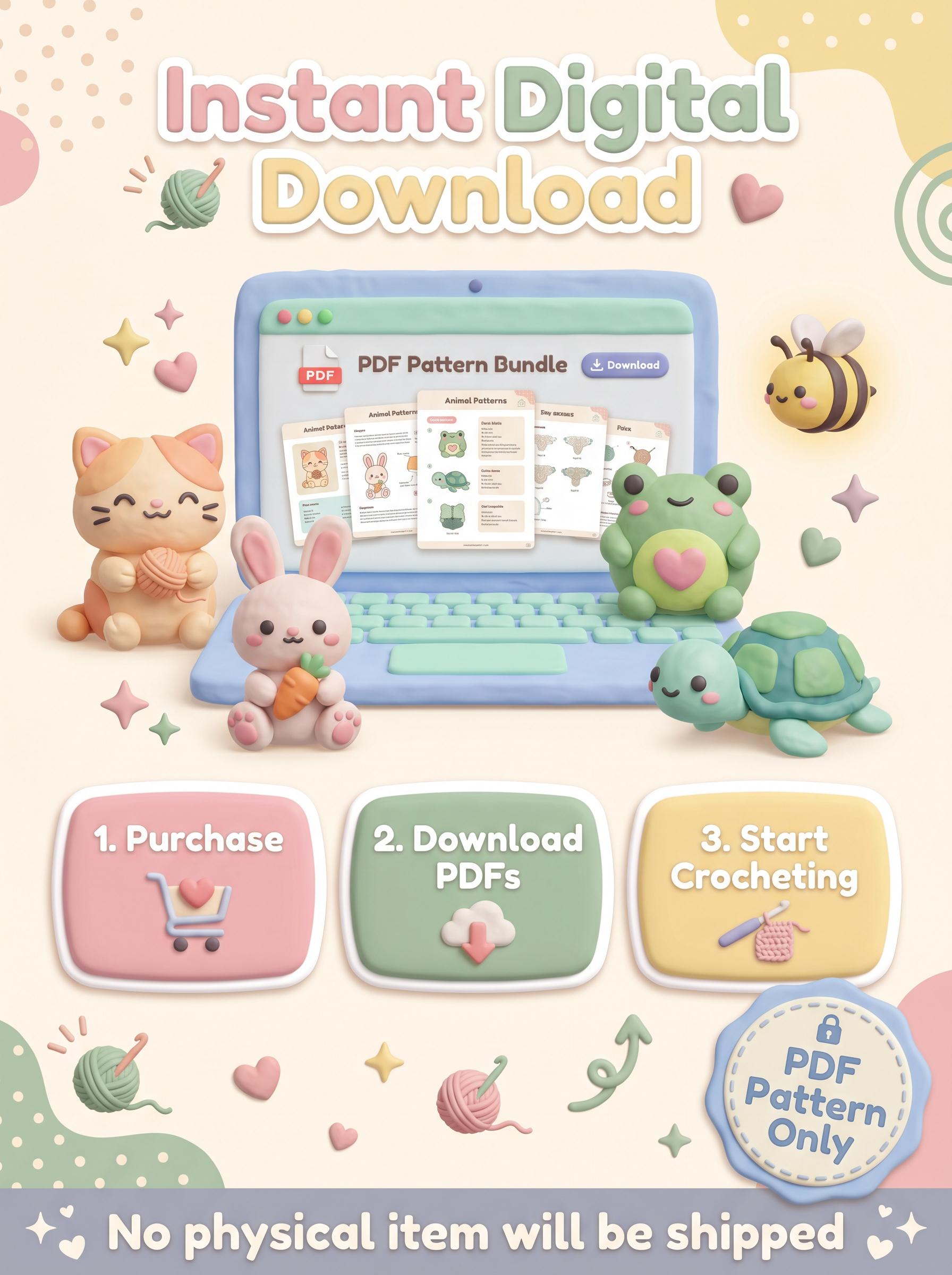 5 in 1 Crochet Pattern Bundle PDF | Kawaii Amigurumi Animals | Cat Bunny Frog Bee Turtle | Beginner Digital Download