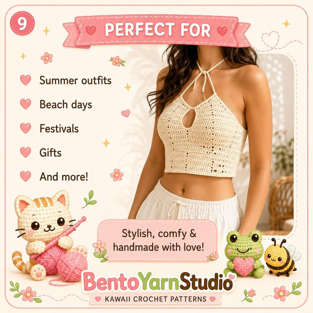 Crochet Keyhole Halter Top Pattern PDF, Kawaii Crochet Top Digital Download, Beginner Friendly Written Pattern, Summer Crochet Crop Top XS-M